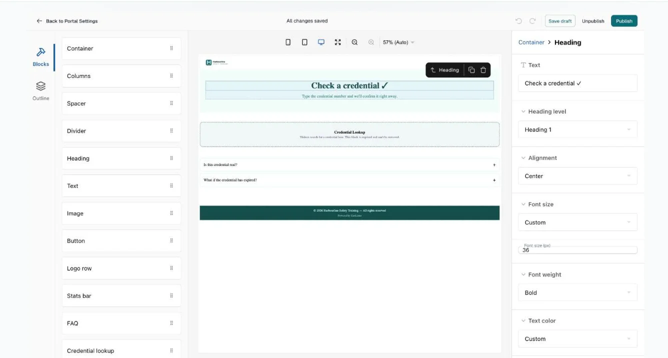 Editor with a Heading block selected and its settings — text, level, alignment, size and colour — in the right panel