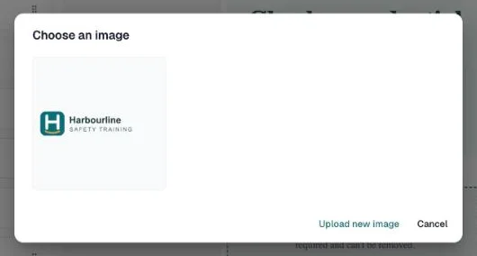Choose an image dialog with the organization logo and Upload new image