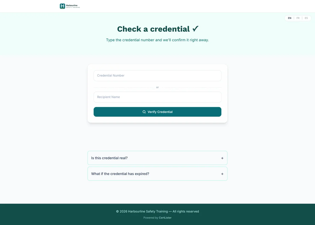 Live verify page built from a template, with a heading, the credential lookup and an FAQ