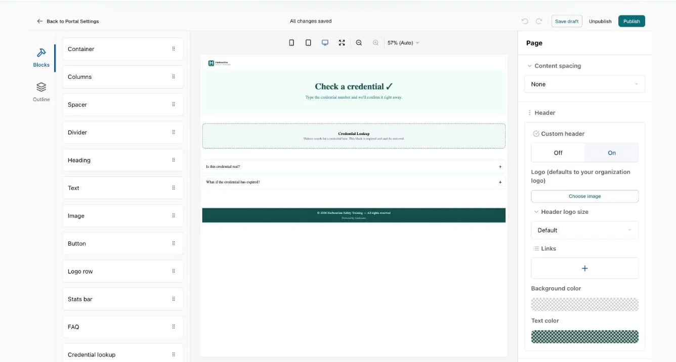 Page settings with Content spacing, Custom header, logo, header logo size, links and colours