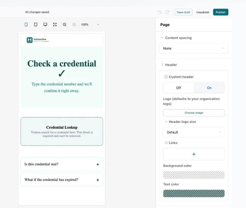 Editor in phone view with the page shown at phone width