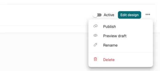 Design row menu in Verification Page, Designer, with Publish, Preview, Rename and Delete