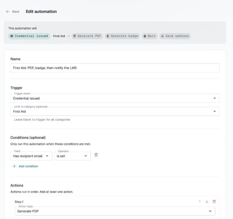 Edit automation page with the summary line, name, trigger, category limit and a condition