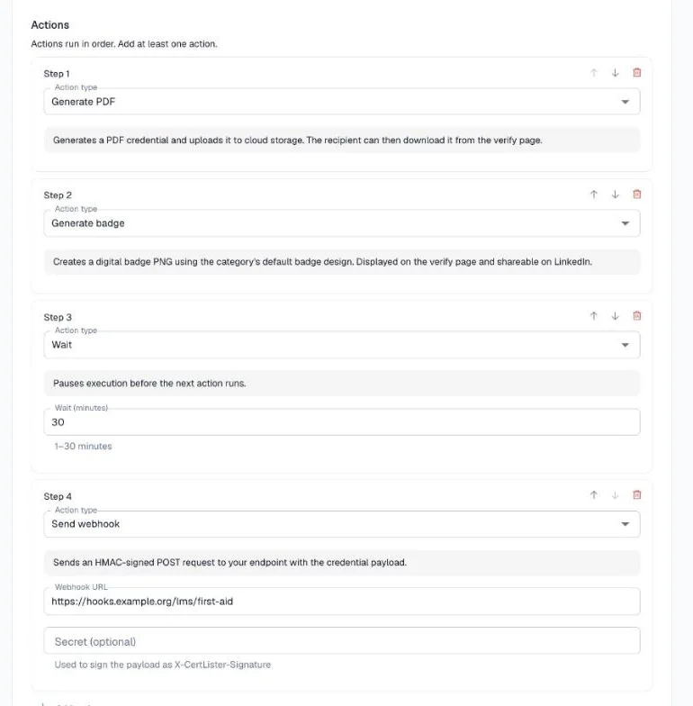 Four-step automation: Generate PDF, Generate badge, Wait 30 minutes and Send webhook with its URL and secret