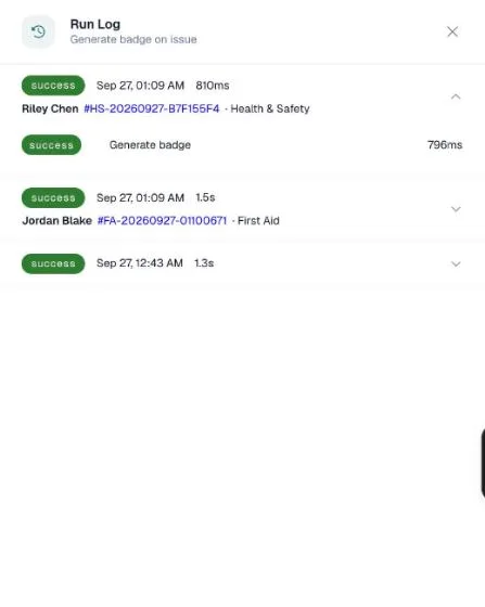 Run Log drawer listing runs with their status, time, duration and credential, one expanded to show its steps