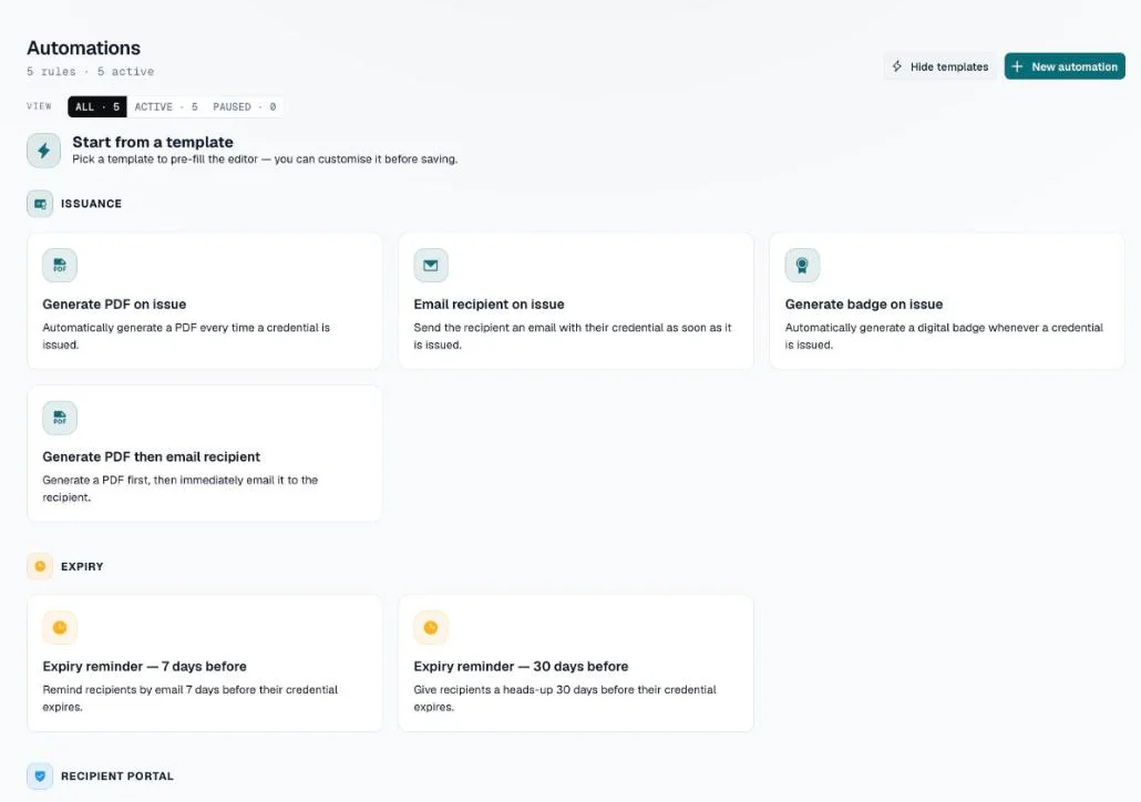 Start from a template gallery with issuance, expiry and recipient portal templates