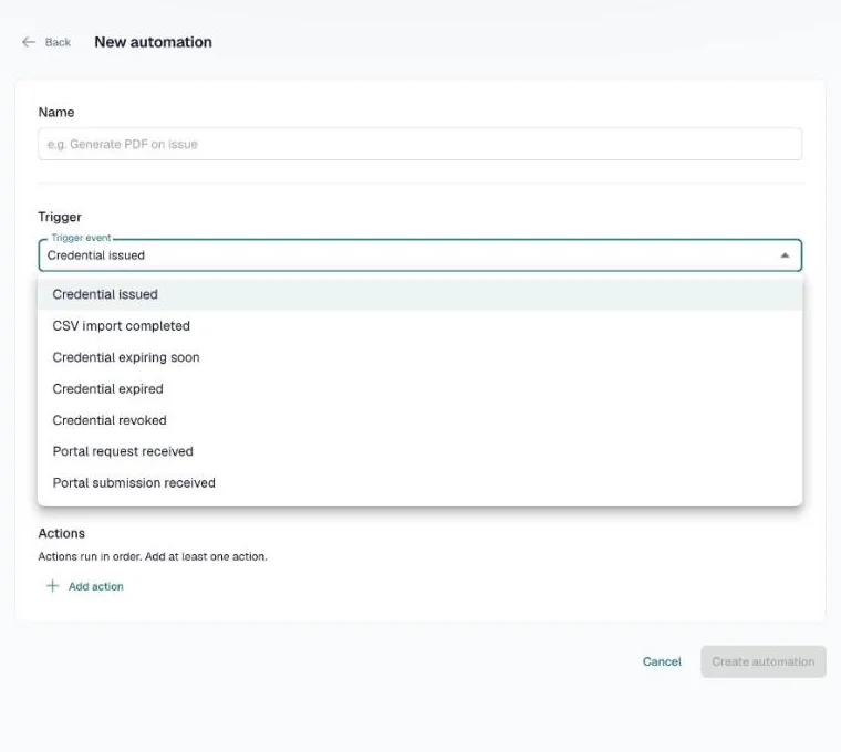 Trigger event list open with Credential issued, CSV import completed, Credential expiring soon, Credential expired, Credential revoked, Portal request received and Portal submission received