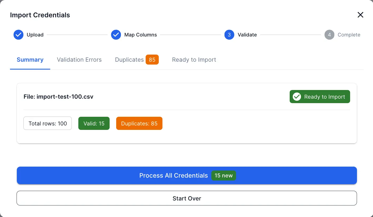 CertLister CSV import validation summary showing imported certification records ready for confirmation