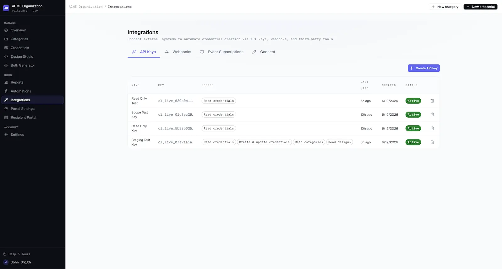 CertLister API & Webhook integrations page