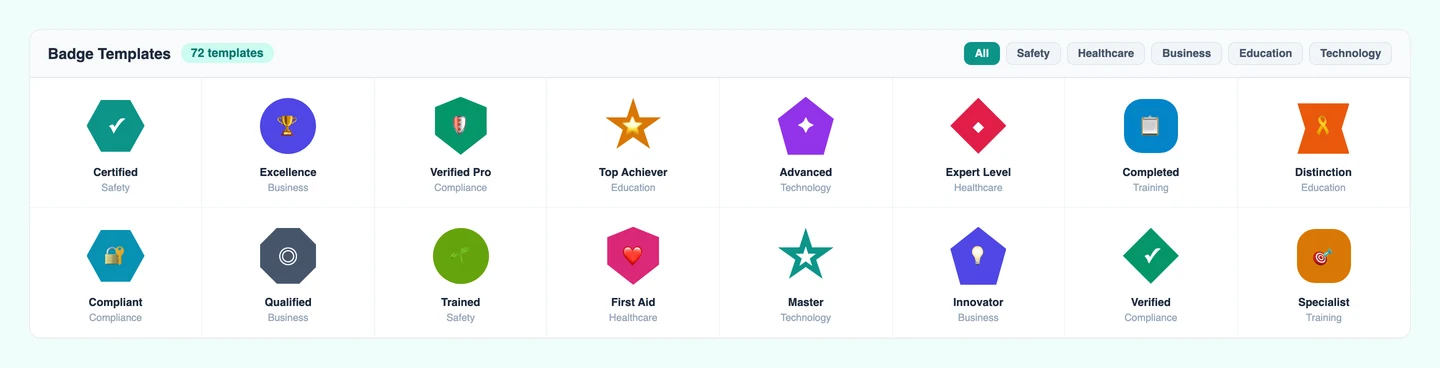 CertLister digital badge template gallery showing 72 SVG badge designs grouped by industry