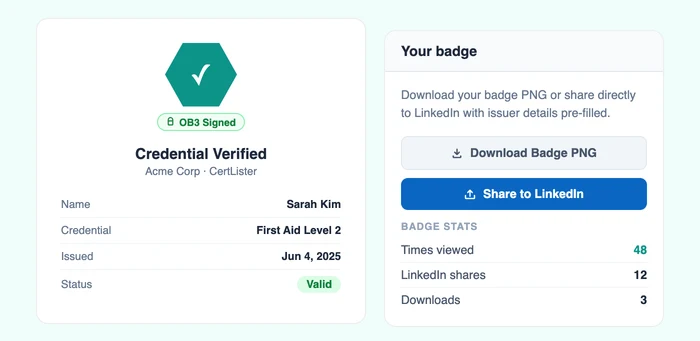 CertLister verify page showing a digital badge displayed alongside the credential verification result