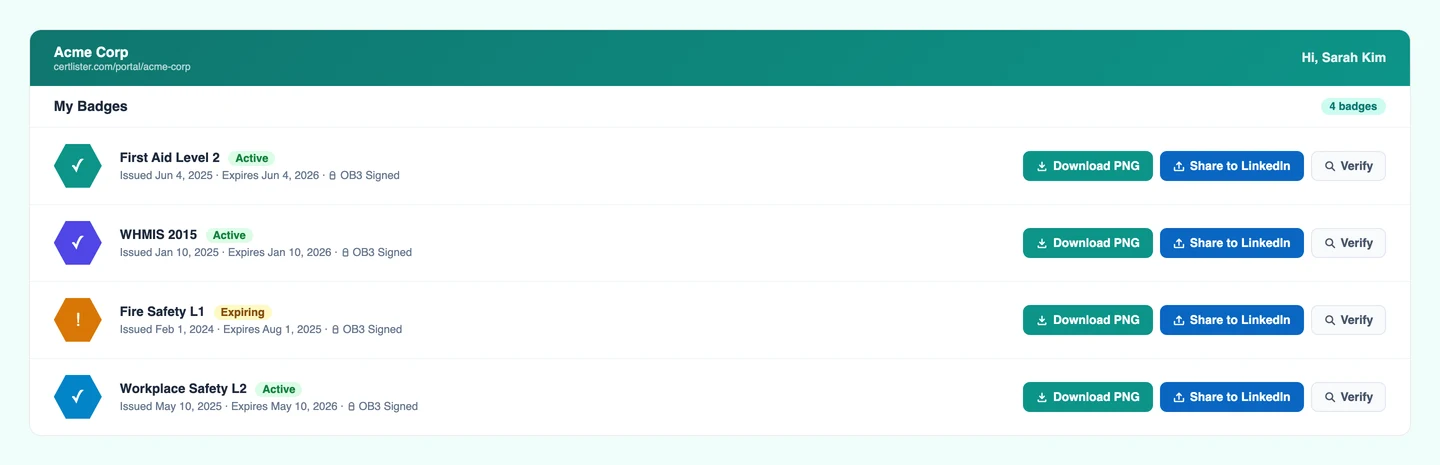 CertLister recipient portal showing badge download and LinkedIn share options