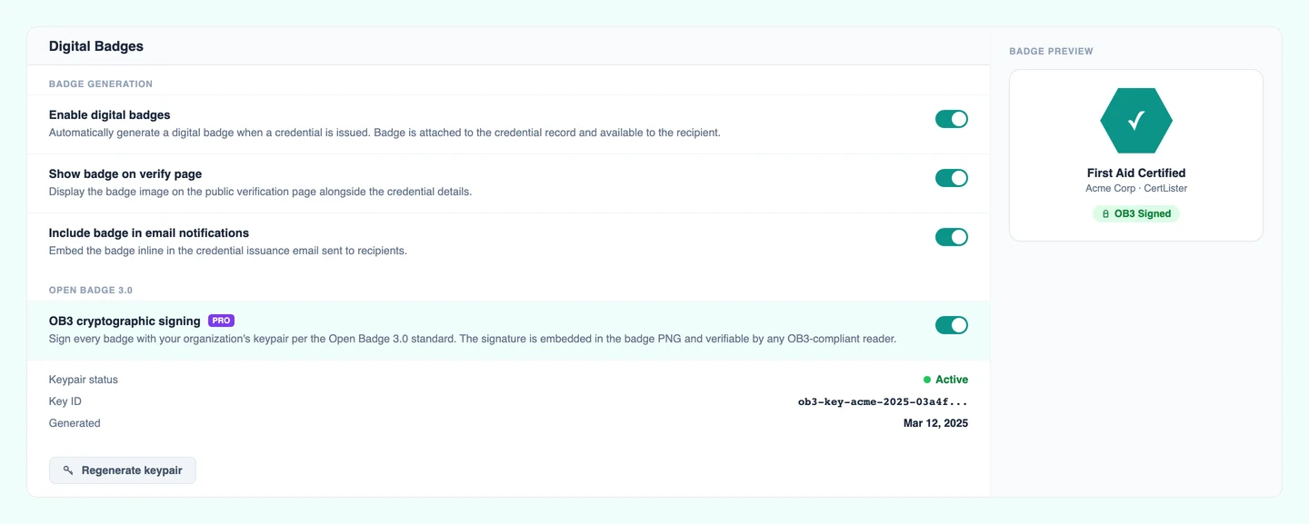CertLister OB3 settings showing Open Badge 3.0 keypair configuration for cryptographic badge signing