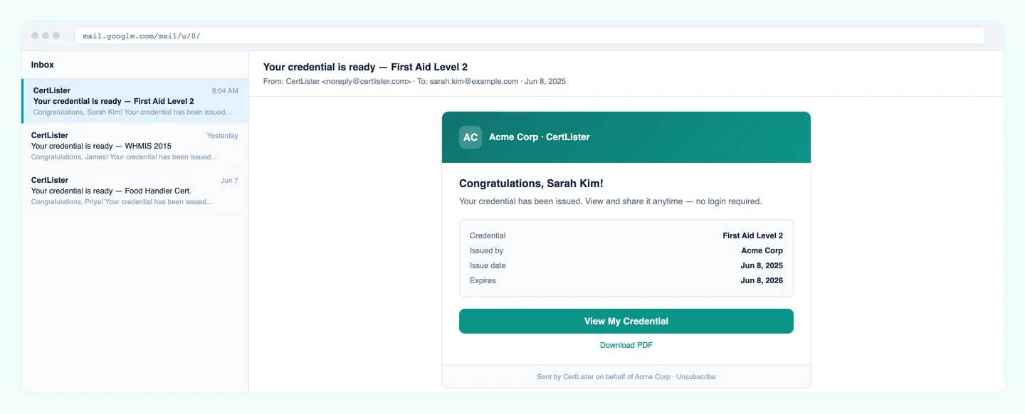 CertLister automatic credential delivery email — recipient inbox view