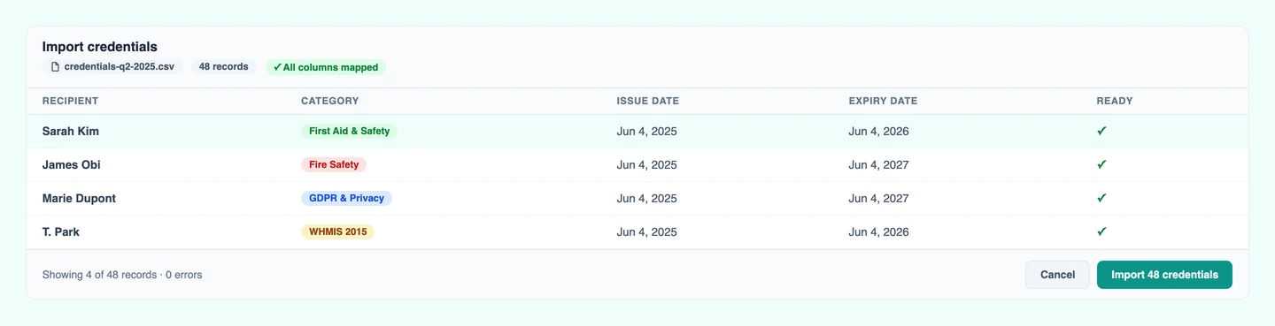 Training records management — bulk CSV credential import in CertLister