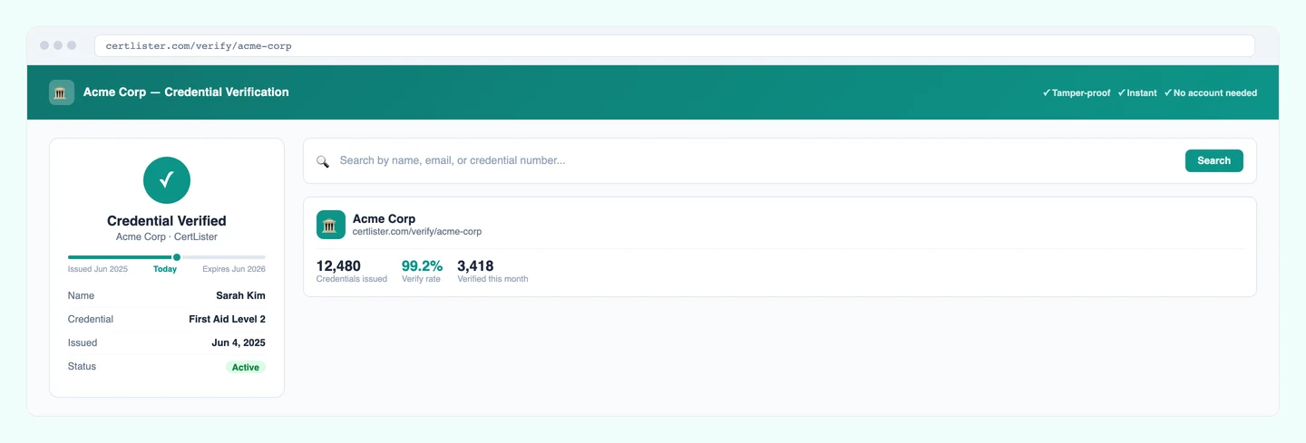 CertLister public credential verification portal — instant online credential lookup