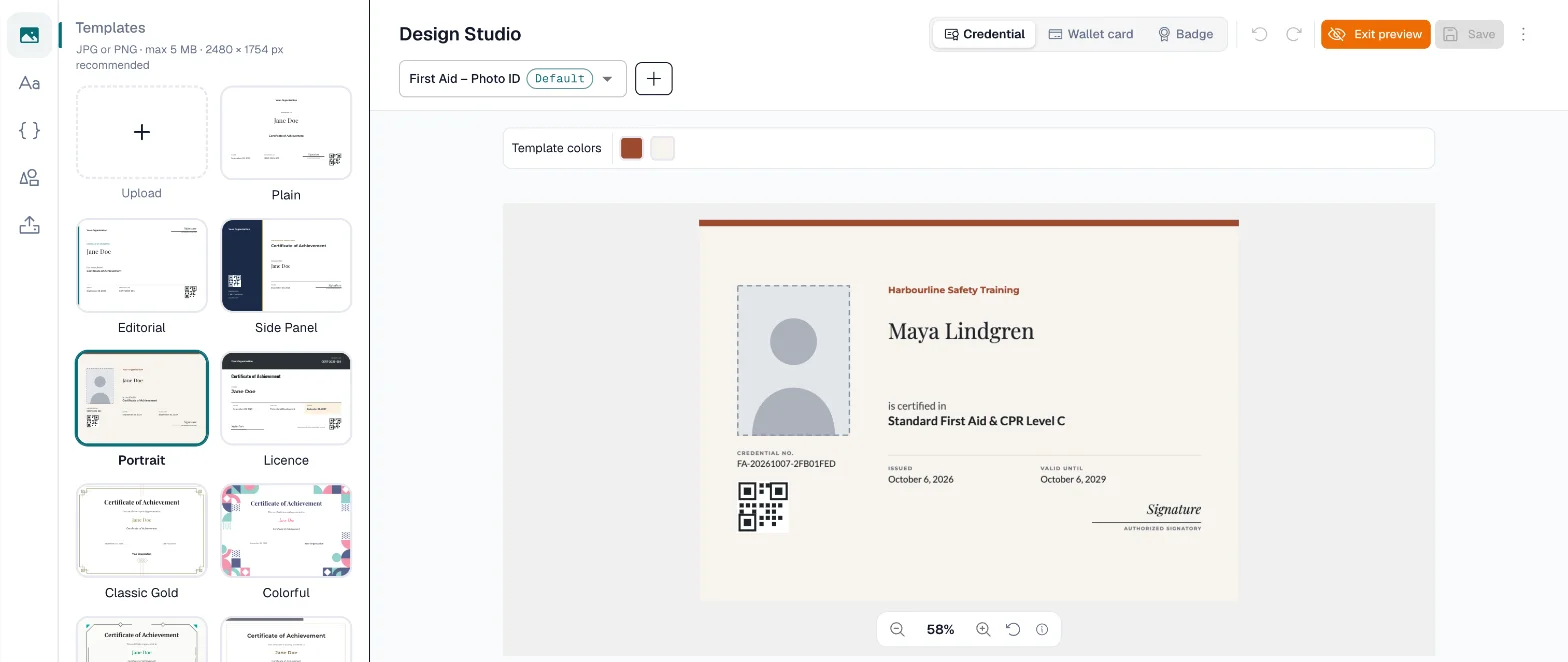 The Design Studio: the template gallery on the left, a first aid credential on the canvas