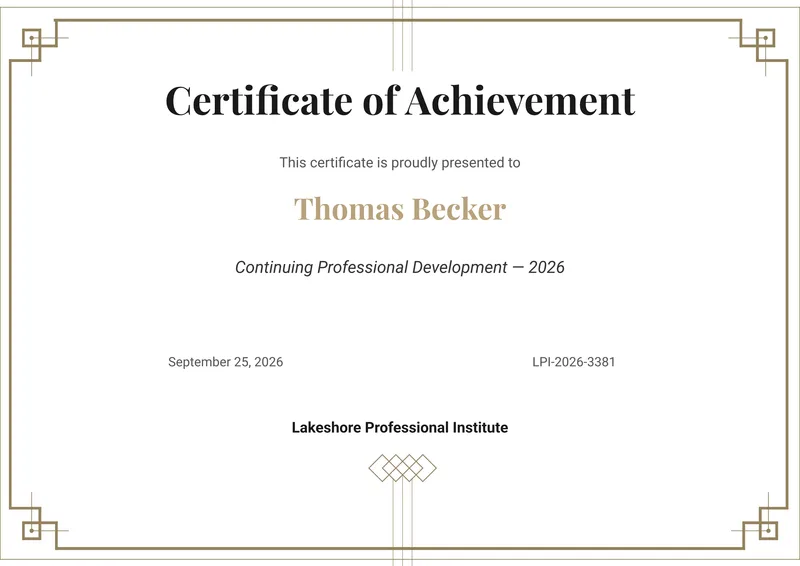 Classic Gold credential template, filled in with sample data