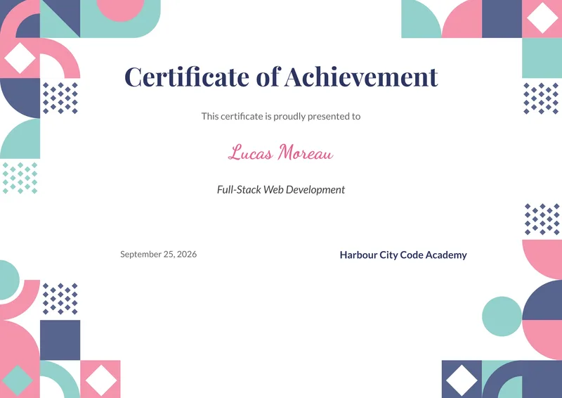 Colorful credential template, filled in with sample data