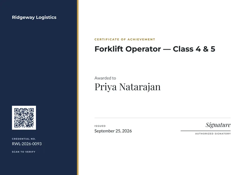 Side Panel credential template, filled in with sample data