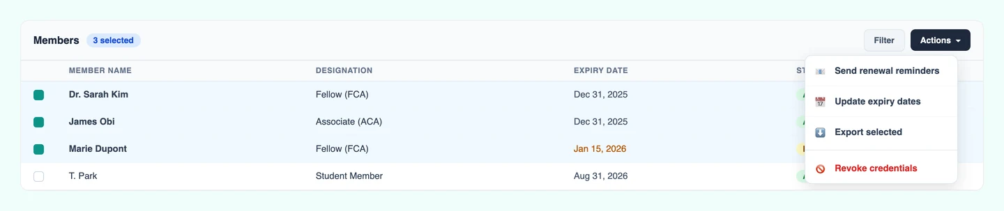 CertLister credential expiry tracking — bulk actions and status management