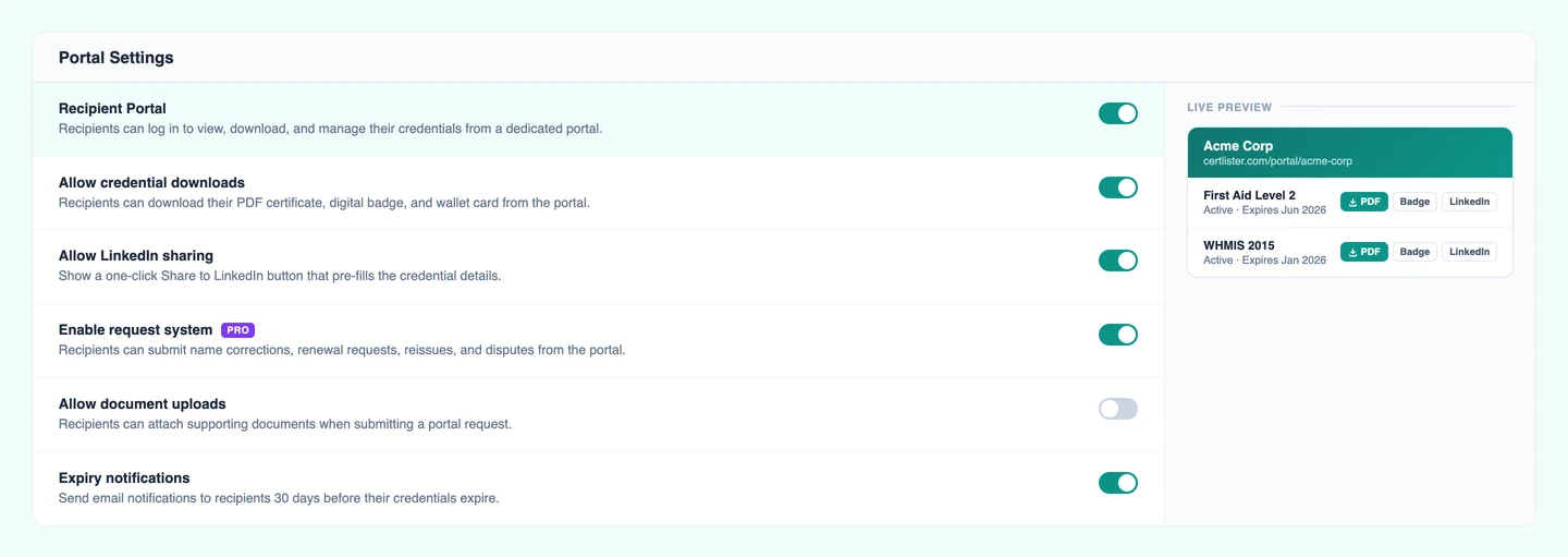 CertLister Portal Settings page showing admin controls for enabling and configuring the recipient portal