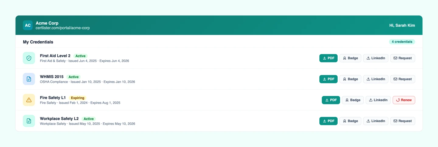 CertLister recipient portal showing what a credential holder can do — view, download, share, and request