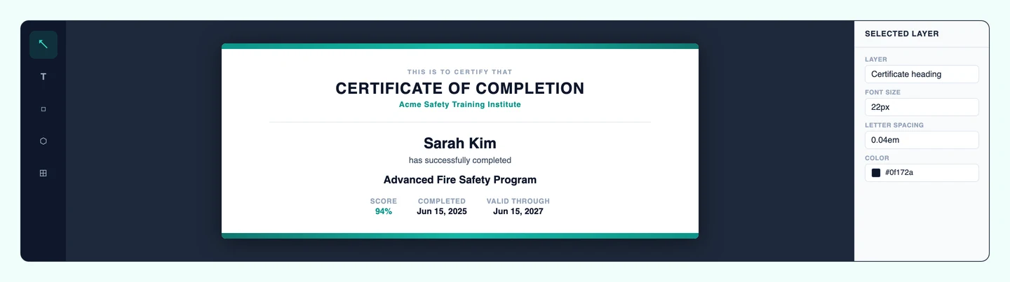 CertLister Design Studio — drag and drop credential designer