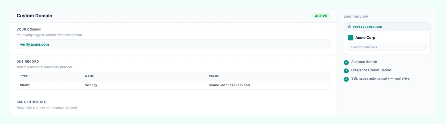 CertLister Custom Domain settings showing DNS setup for serving the verify page from your own domain