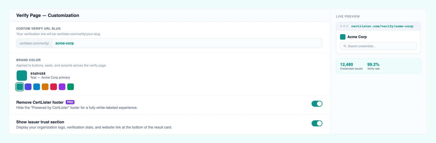 CertLister verify page customization settings — custom URL, logo, brand color, and field visibility controls