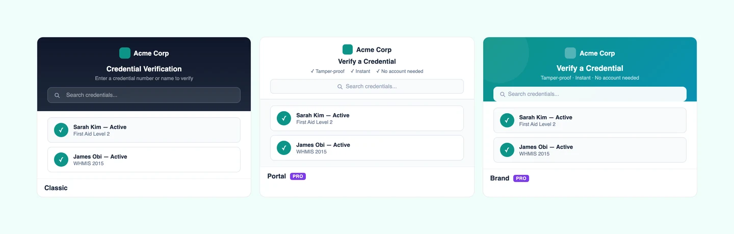 CertLister verify page layout options — Classic, Portal, and Brand layouts side by side
