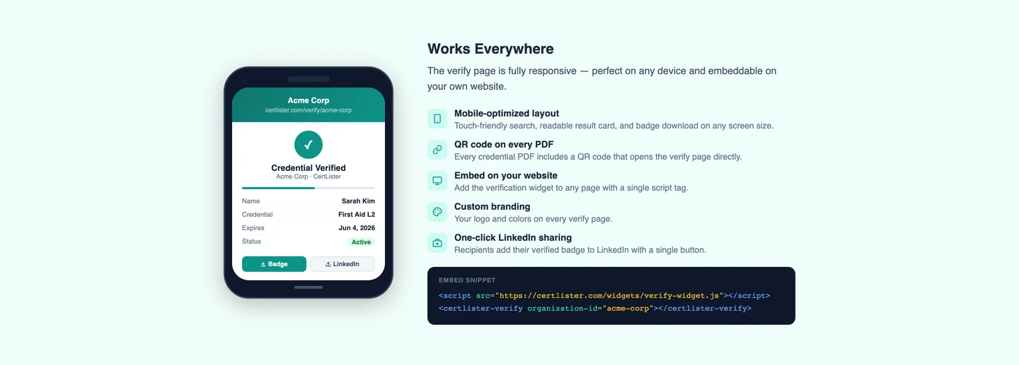 CertLister credential verification page on mobile — responsive design showing verification result on a phone