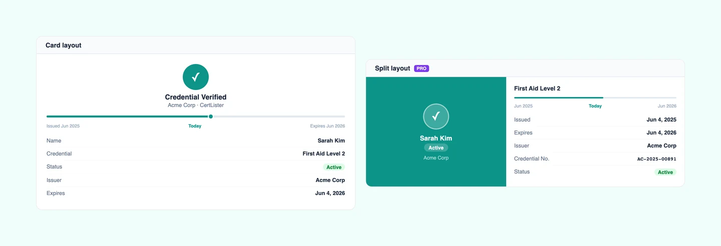 CertLister verification result card layouts — Card and Split layout options