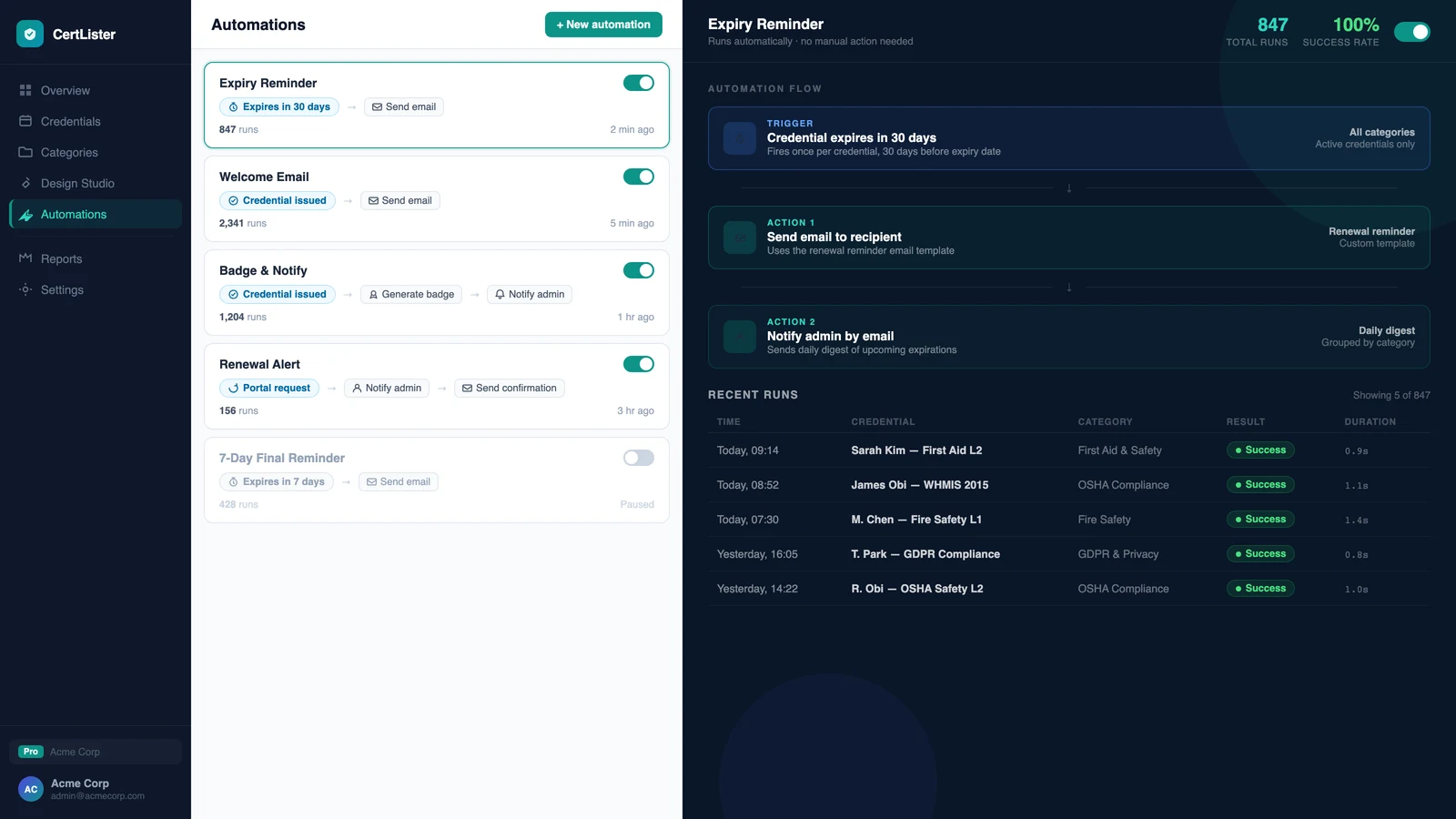 CertLister automation editor showing a trigger and action sequence configured for credential issuance