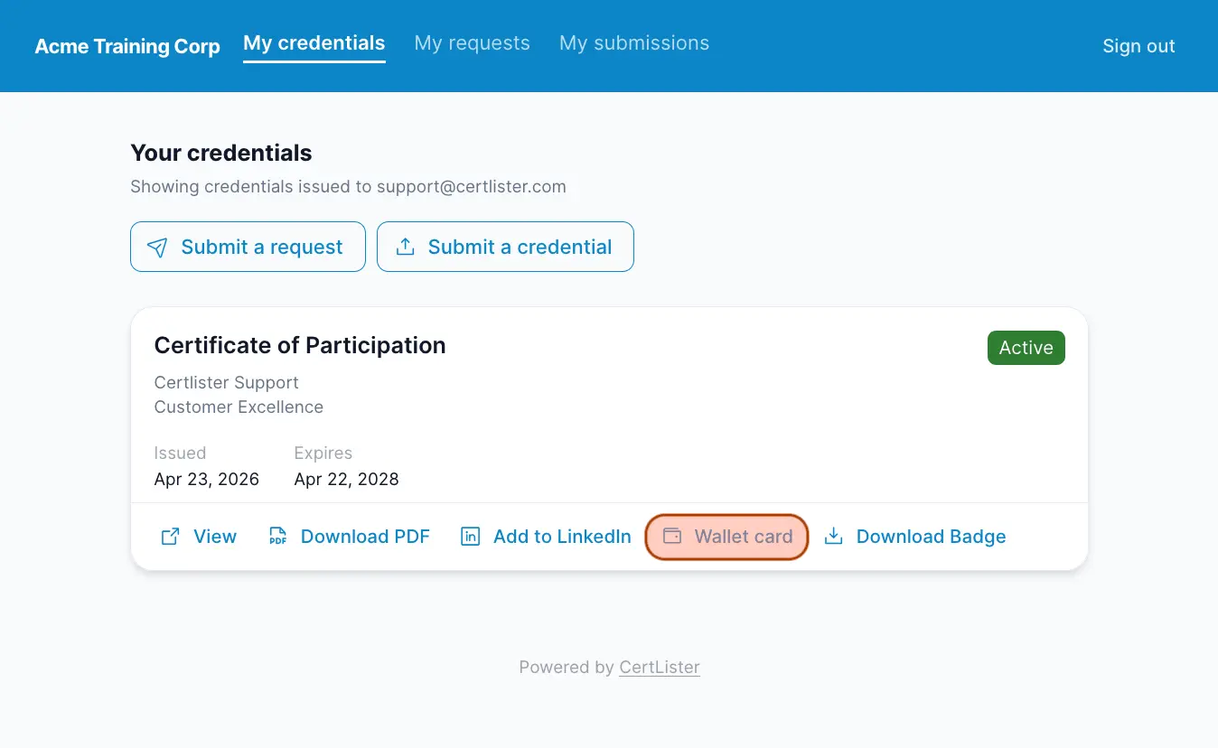 CertLister recipient portal showing badge download and LinkedIn share options