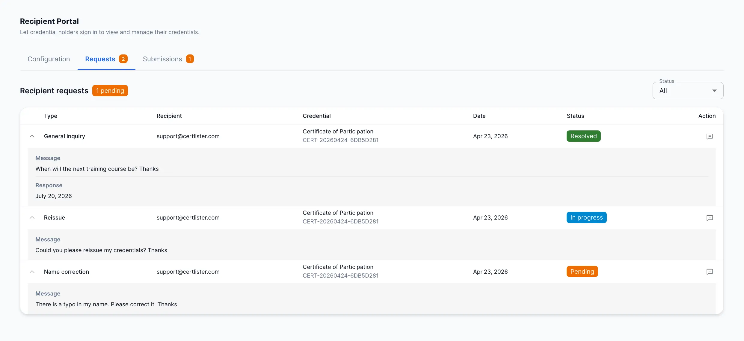 CertLister admin request inbox showing incoming recipient requests with status and details