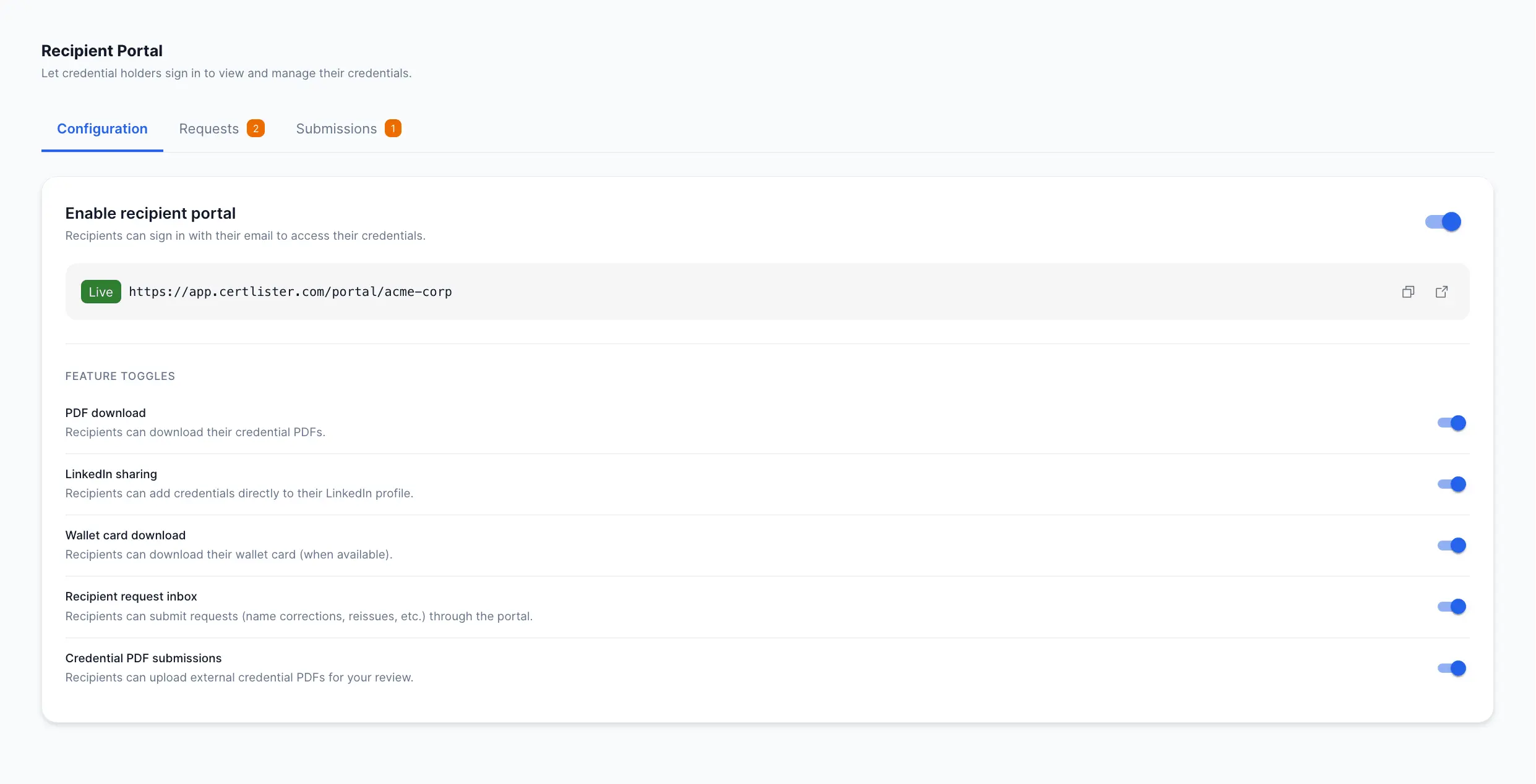 CertLister Portal Settings page showing admin controls for enabling and configuring the recipient portal