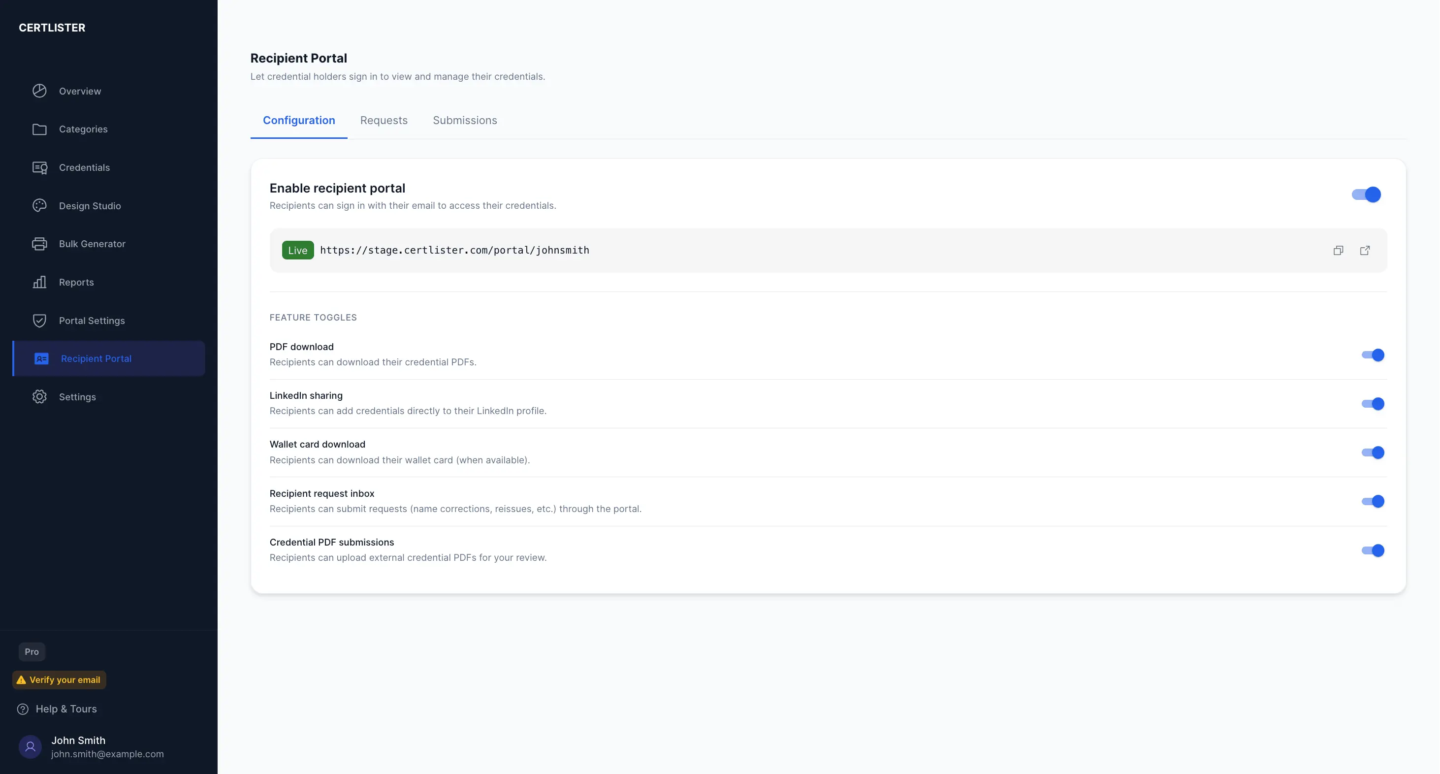 CertLister recipient self-service portal showing credential list
