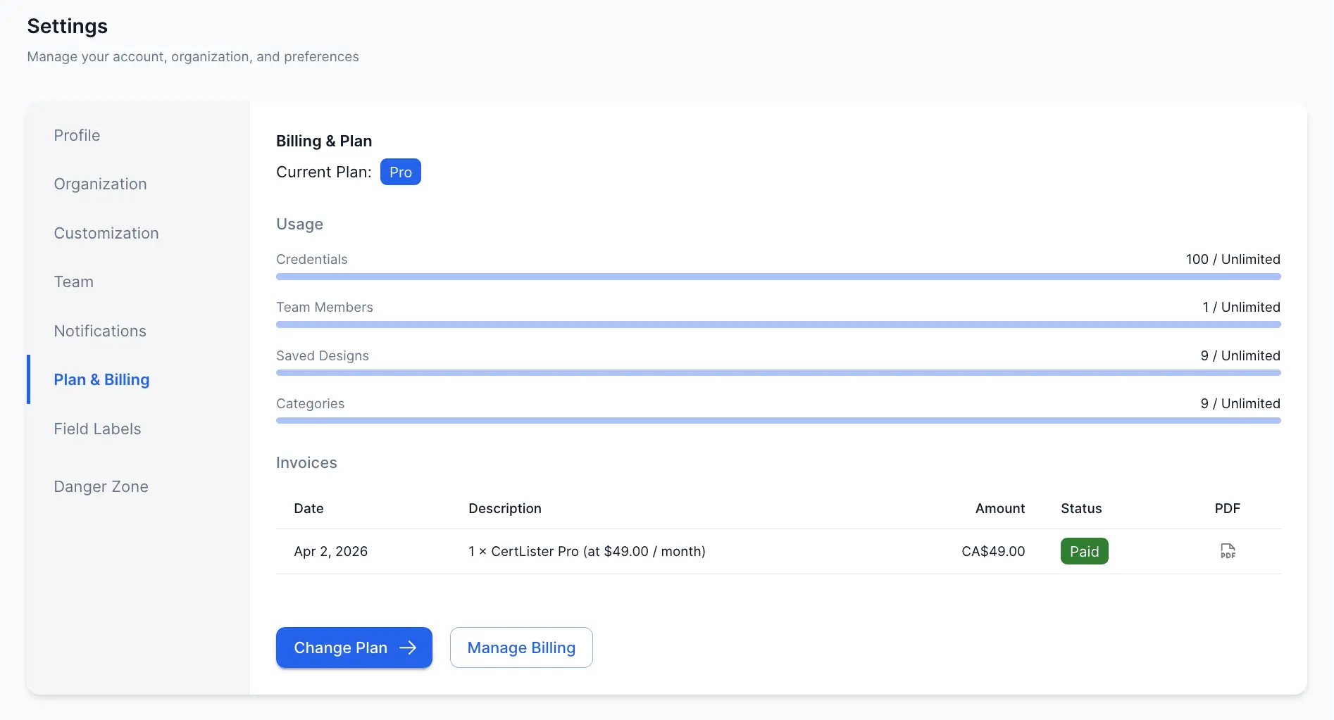 CertLister plan and billing settings