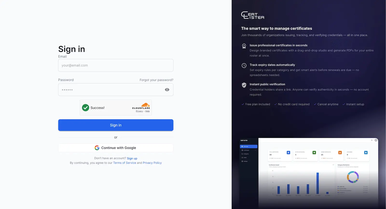 CertLister sign-in page