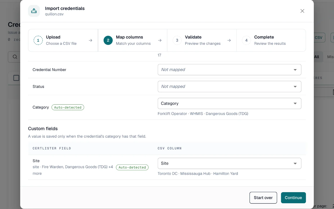Import screen matching a spreadsheet's columns to the certification category and a custom Site field
