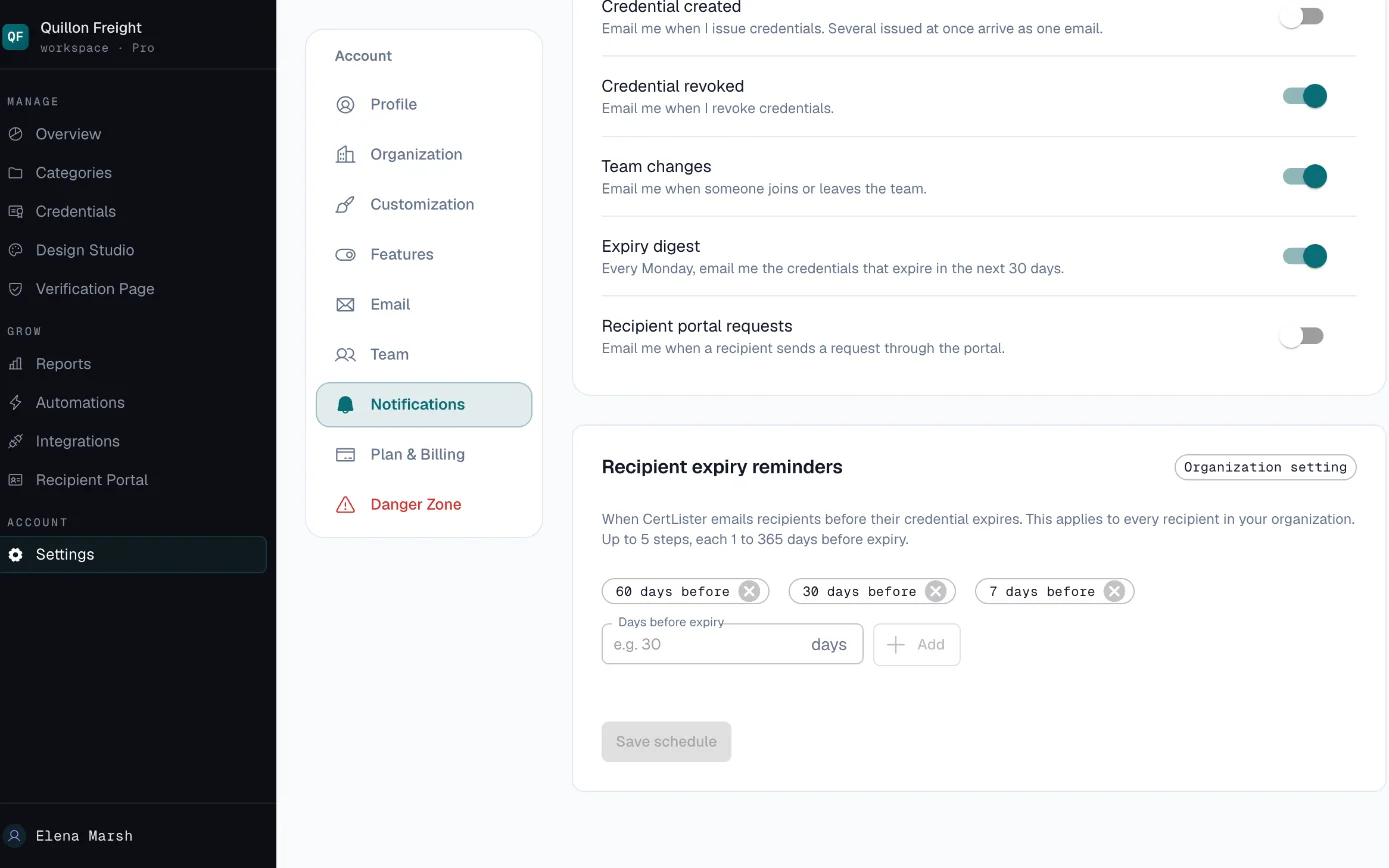 Reminder settings listing the days before expiry when employees are emailed