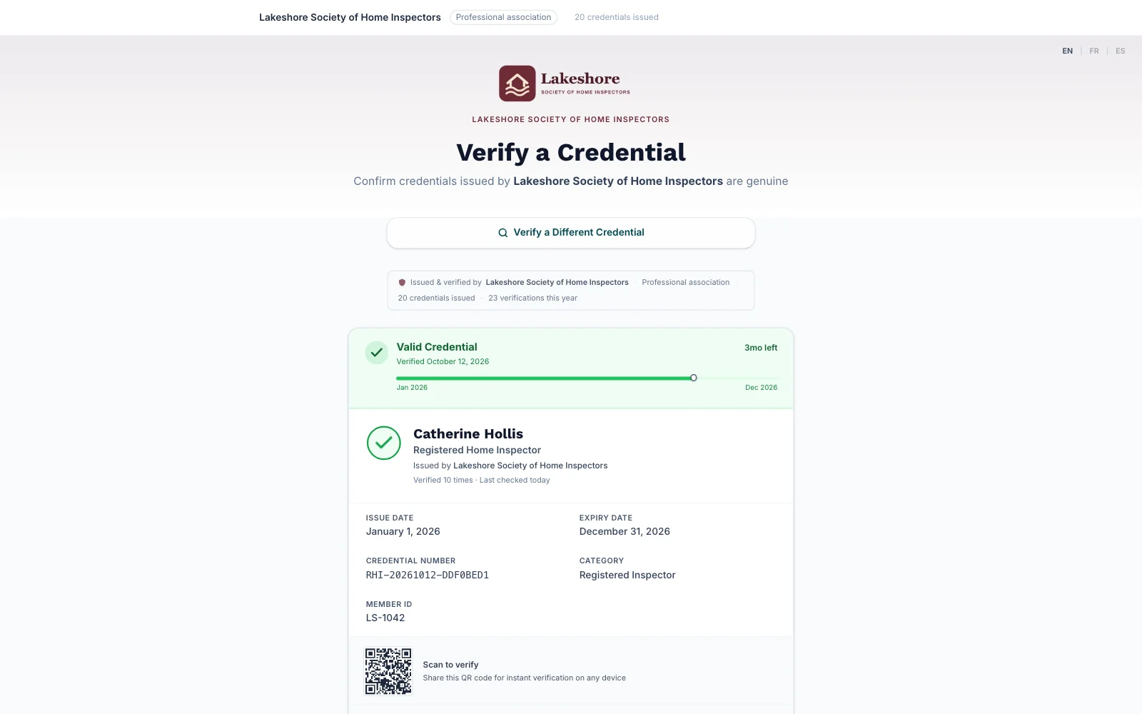 Lakeshore Society of Home Inspectors verify page showing a member's designation as valid, with issue and expiry dates