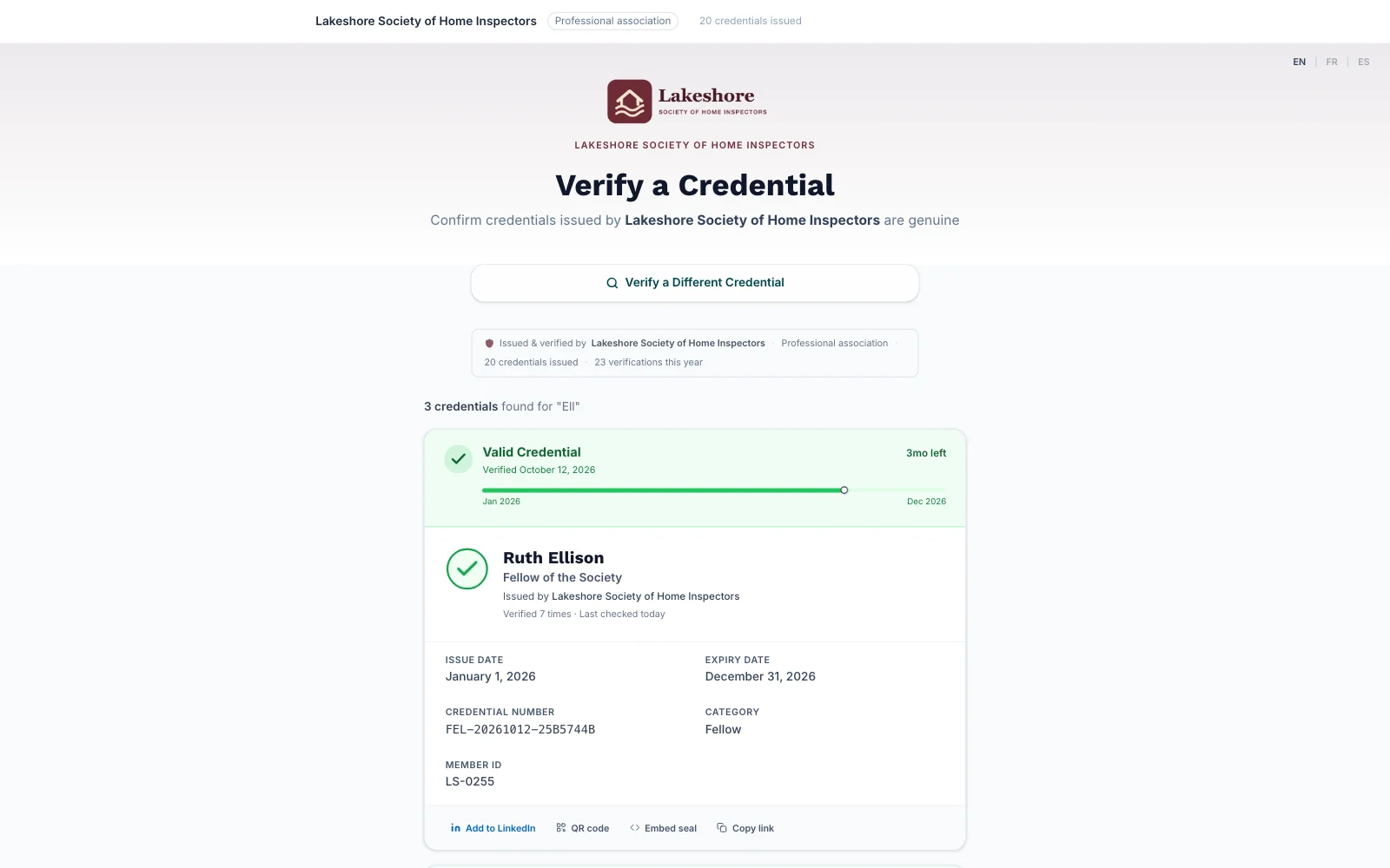 Lakeshore Society verify page with a member found by searching their name