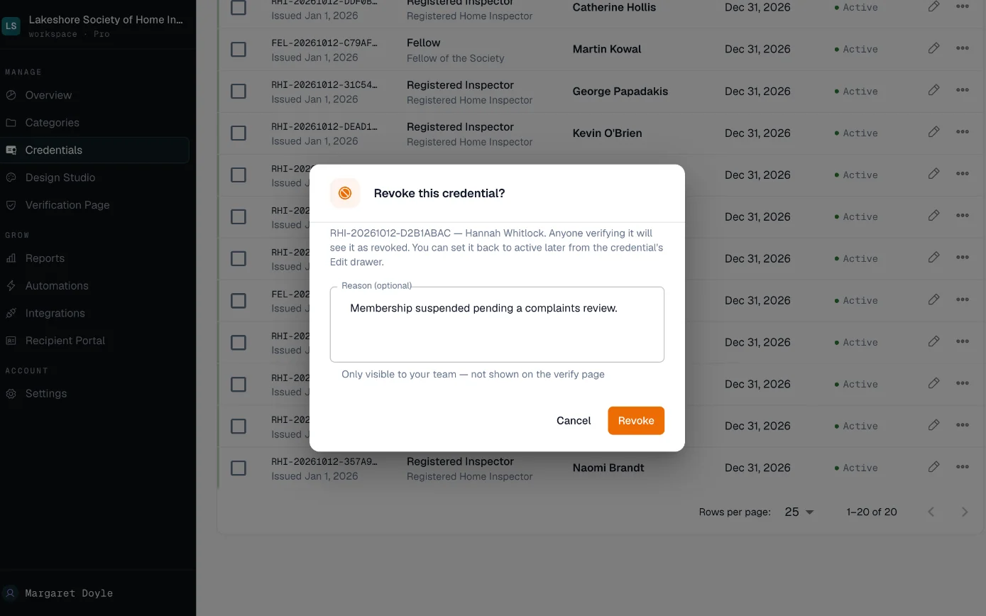 Revoke dialog for a member's credential in CertLister