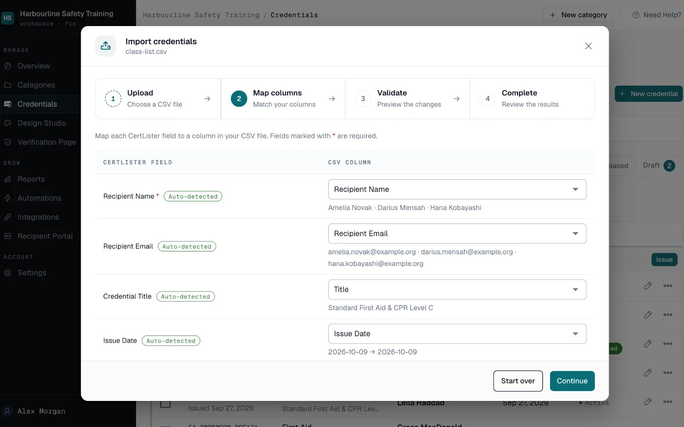 Import screen matching a roster's columns to participant name, email, issue date and course title