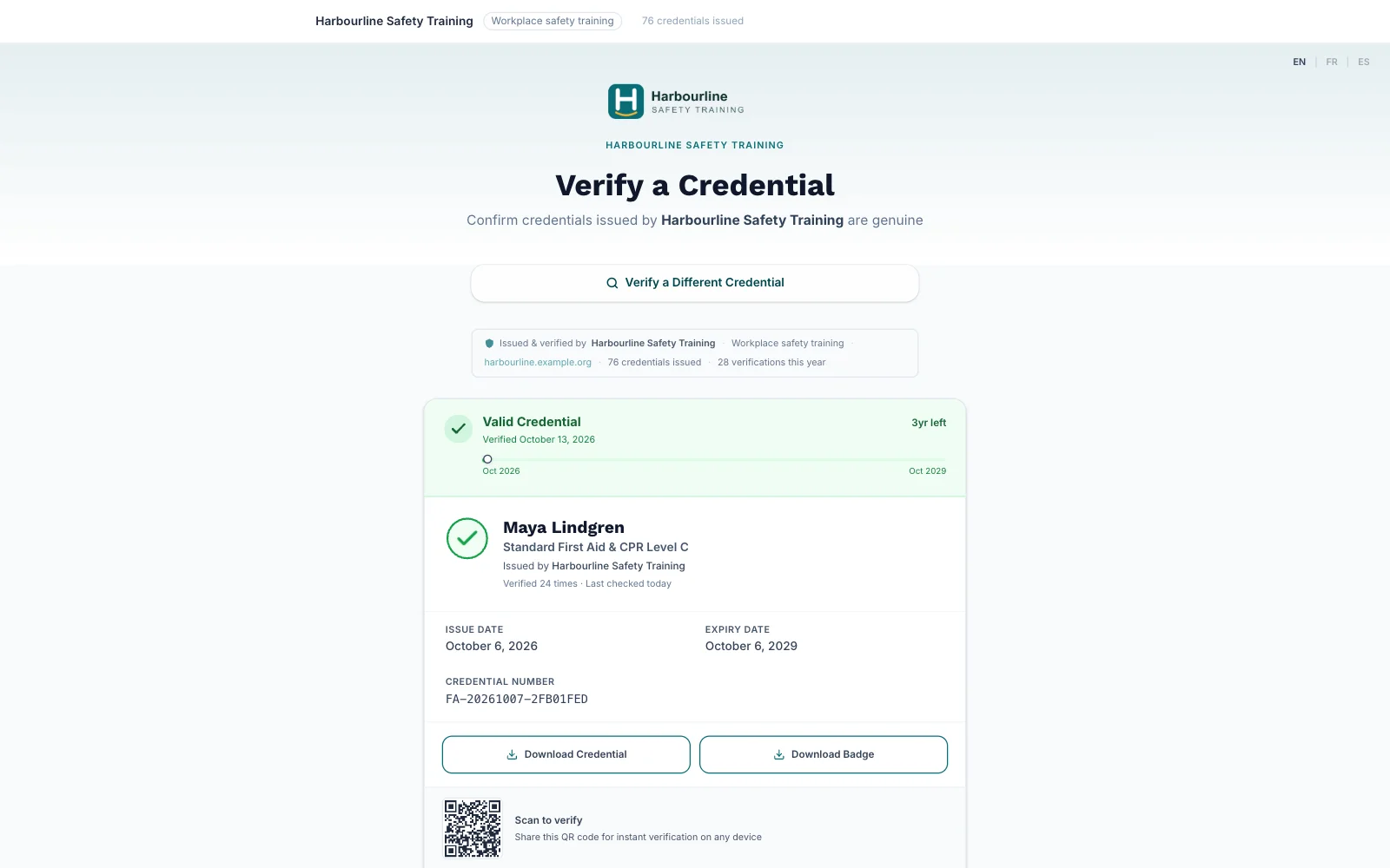 Harbourline's public verify page confirming that a participant's First Aid credential is valid