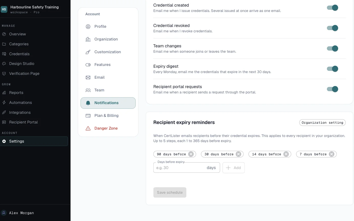 Reminder settings listing the days before expiry when reminder emails go out