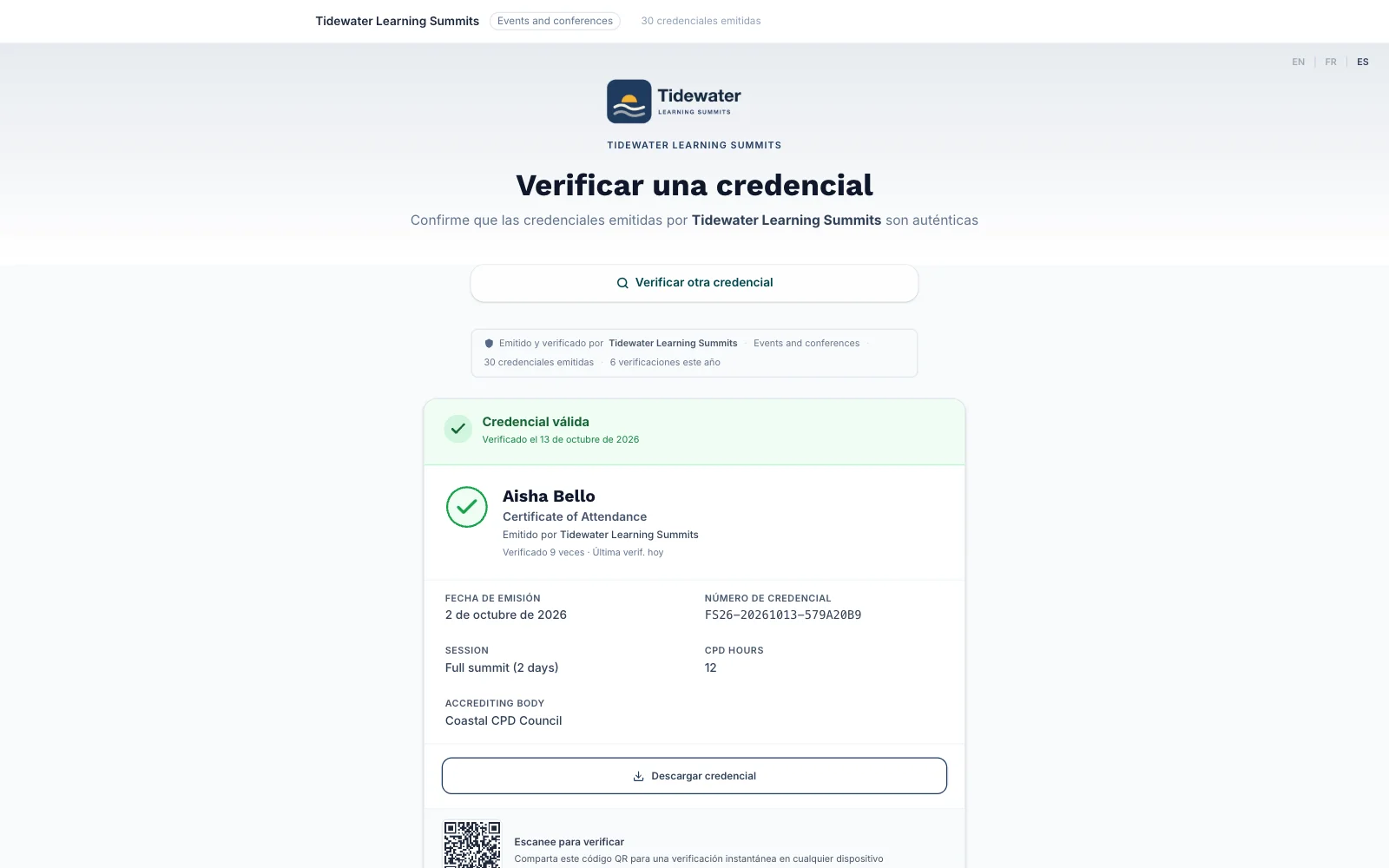 Página de verificación de Tidewater Learning Summits con la credencial válida de un asistente, su sesión, sus horas de DPC y la fecha de emisión