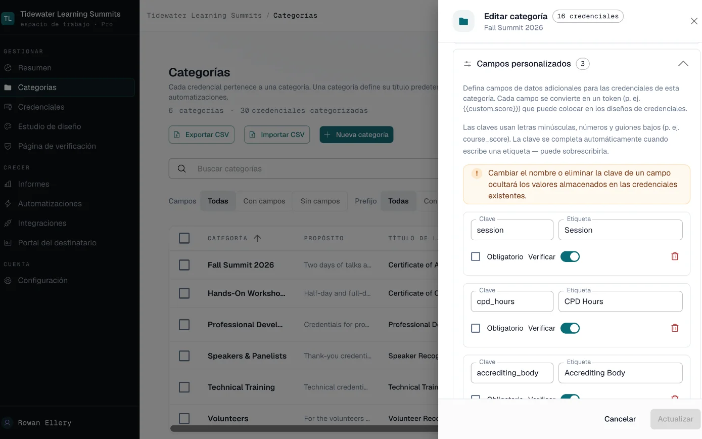 Configuración de categoría de una cumbre de Tidewater con campos personalizados para la sesión, las horas de DPC y el organismo acreditador